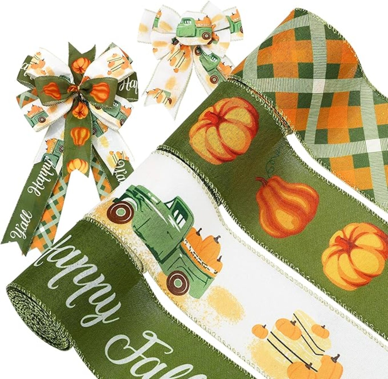 4 Rolls of Fall Wired Edge Ribbon 24 Yards 2.5 Inch Green Autumn Pumpkin Truck Plaids Ribbon for Bow Wreath Craft Gift Wrap Farmhouse Thanksgiving Harvest Wedding and Birthday Party Decorations